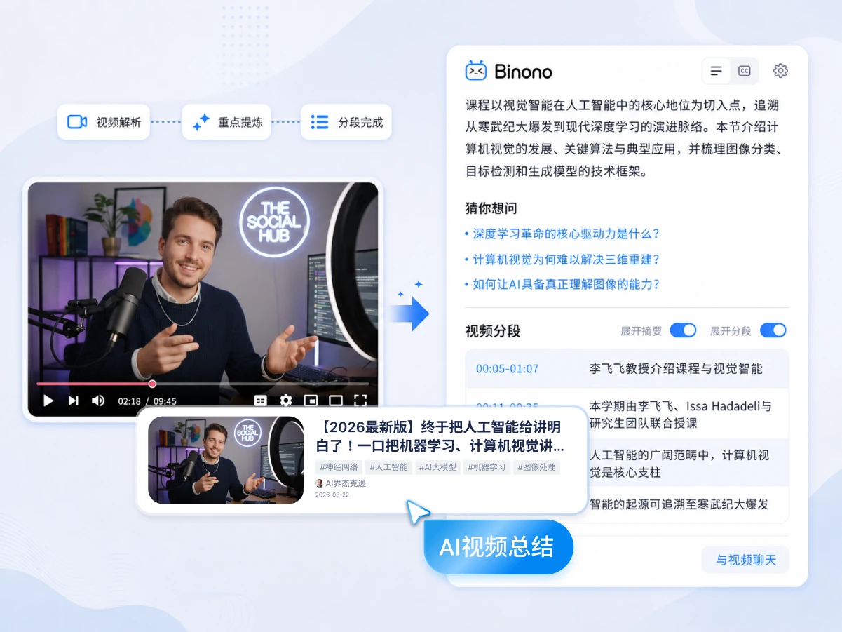 Binono 视频总结功能预览:视频解析、内容提炼、视频分段与 AI 视频总结